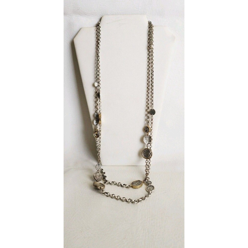 Chico’s Faux Coin Necklace 2 Strand Drape Silver Tone Chain Link Statement 36"